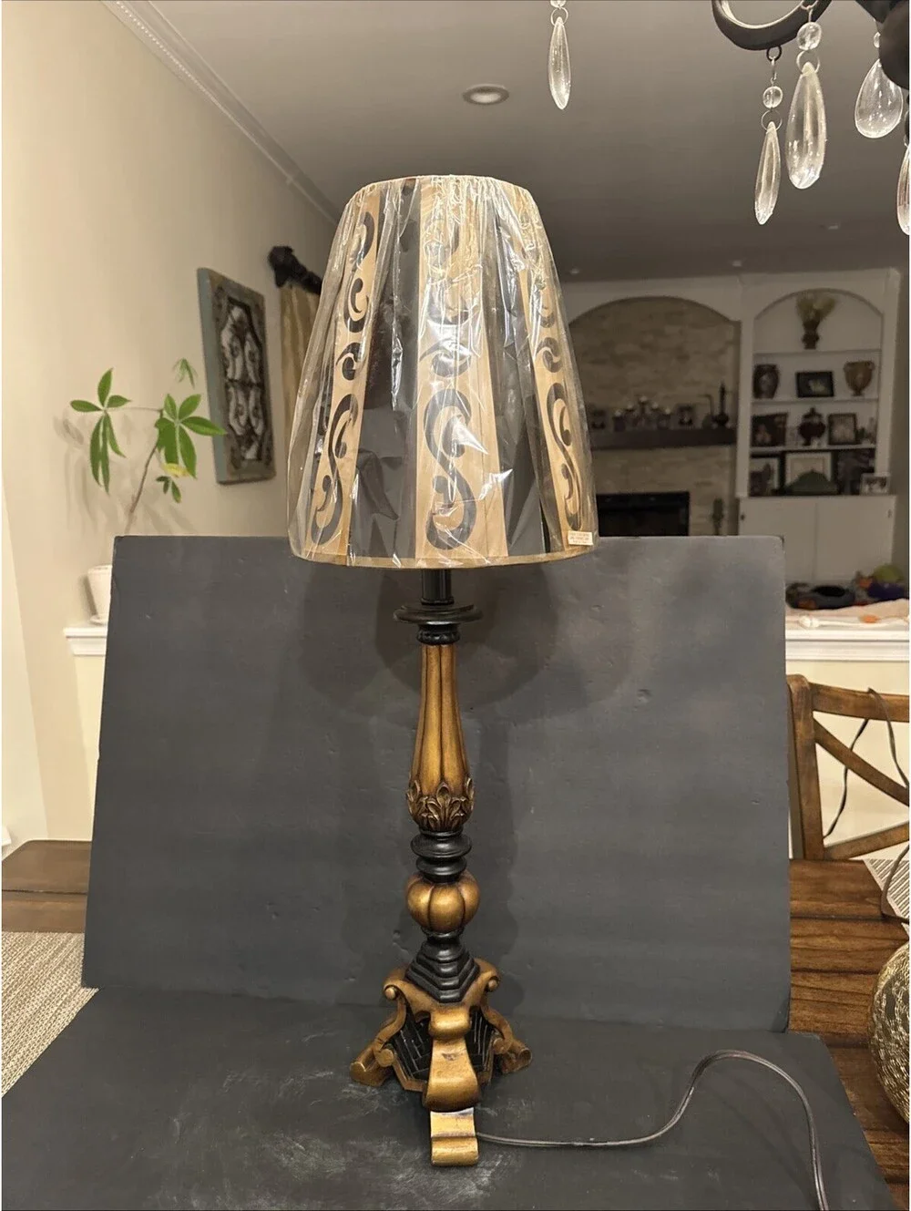 Vintage ACook 30” Ornate Candlestick Lamp Tall Black & Gold Resin Shade W Flaws